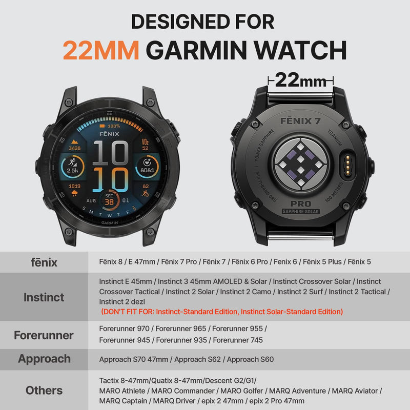 Bandletic Magnetic Nylon Band Compatible with Garmin Watch Quick Fit 22mm | Twin Magnets Snap Band On/Off in Two Seconds, Reinforced CSPE Rib for Intense Workout & Outdoors, Fits Quick Fit 22mm Models Dark Gray M(6.5"-7.1")