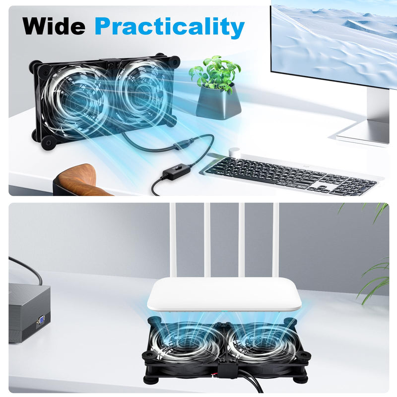 Quiet Dual 120mm Router Fan Cooler with L/M/H 3-Degree Speed Controller, DC 5V USB Powered Cooling Case Fan for Router Modem Receiver DVR PlayStation TV Box