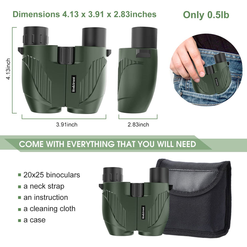 20X25 Compact Binoculars for Adults,Large Eyepiece Waterproof Binocular,Easy Focus Small Binoculars for Bird Watching,Hiking and Concert,Green
