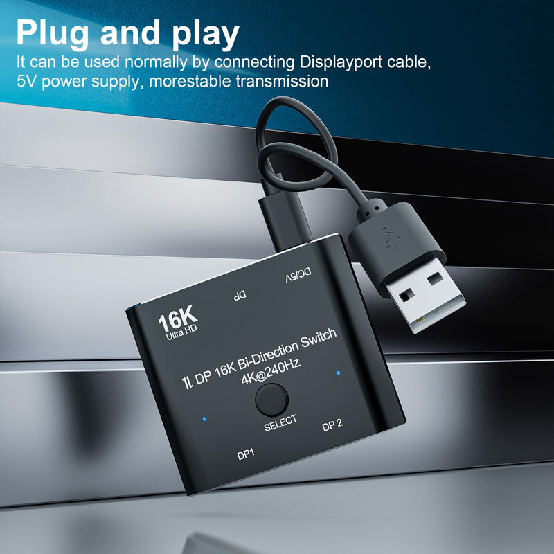 CABLEDECONN DisplayPort 2.1 8K 10K 16K DP Video Switch Bi-Direction Ultra HD 8K@120Hz 4K@240Hz Splitter Converter for Multiple Source and displays dp 16k switch 2x1