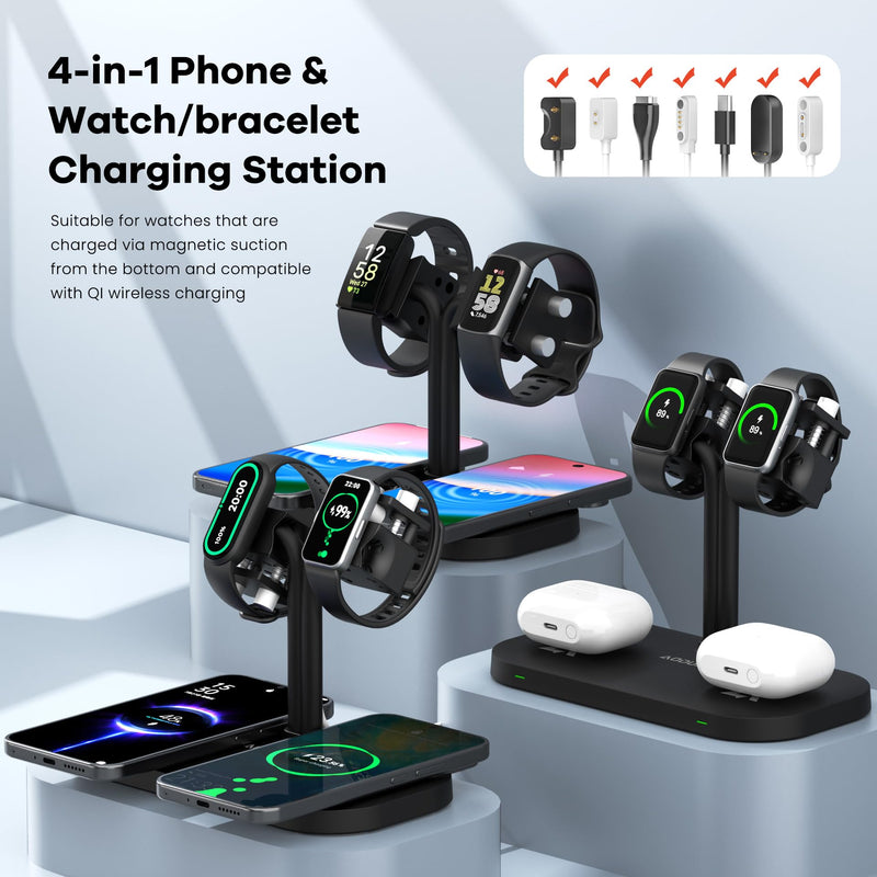 4-in-1 Dual iPhones Wireless Charging Dock and Dual iwatch Stand | Charger Stand for iPhone, for AirPods/Buds, for Samsung,for Galaxy Fit/Xiaomi Band/Amazfit Band/Fitbit Inspire HR(433-B) A433SW-Black