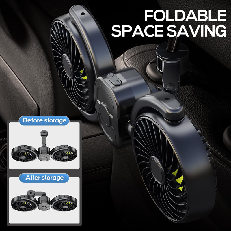 Dealswin Rechargeable Car Fan for Backseat Kids, Battery and USB Dual Power Car Fans, Independent Control 360°Adjustable Dual Head Car Seat Fan Headrest Cooling Fan for Sedan SUV RV Truck Vehicle Large Green (Rechargeable)