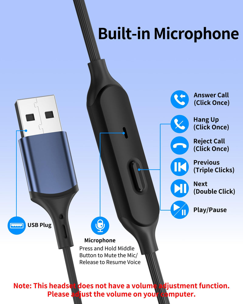 [AUSTRALIA] - USB Earbuds with Microphone for PC Laptop,Wired USB A Headphones with Mic& Earfins Hook for Computer Office Work,7.5ft Noise Canceling Stereo Computer Headset for Dell/HP/Chromebook Game School,Black Black Blue 