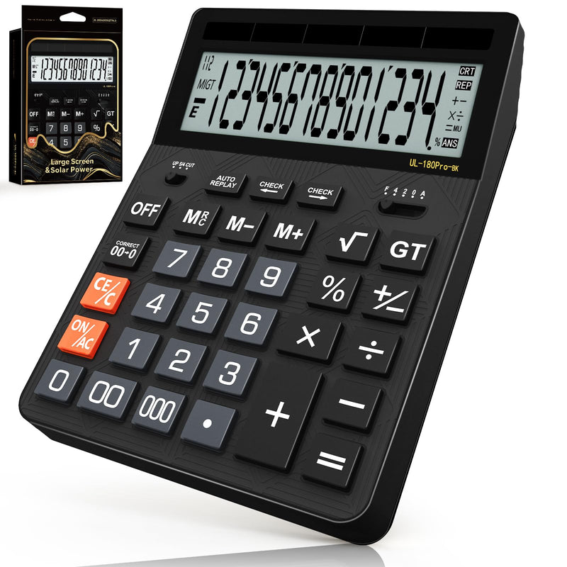 Calculators Desktop, 2026 Upgrade 14 Digit Large Size Calculator with 5-Inch LCD Display and Solar Power, Office Calculator for Desk (Black) Midnight Black