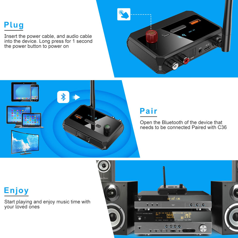 FancyWhoop Bluetooth 5.3 Receiver for Home Stereo, RCA Bluetooth Adapter, Optical AUX 3.5mm Low Latency HD Music Audio, RCA Adapter for Speakers Home Music Streaming Stereo System, AUX/USB