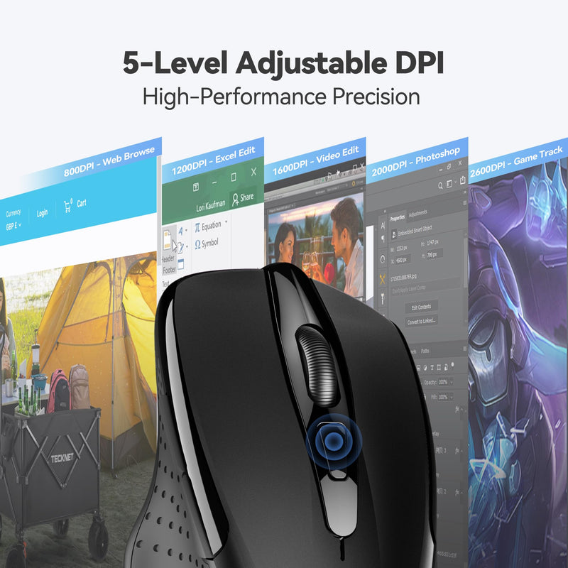 [AUSTRALIA] - TECKNET Wireless Mouse, 2.4G Ergonomic Optical Mouse, Computer Mouse for Laptop, PC, Computer, Chromebook, Notebook, 6 Buttons, 24 Months Battery Life, 2600 DPI, 5 Adjustment Levels Black 
