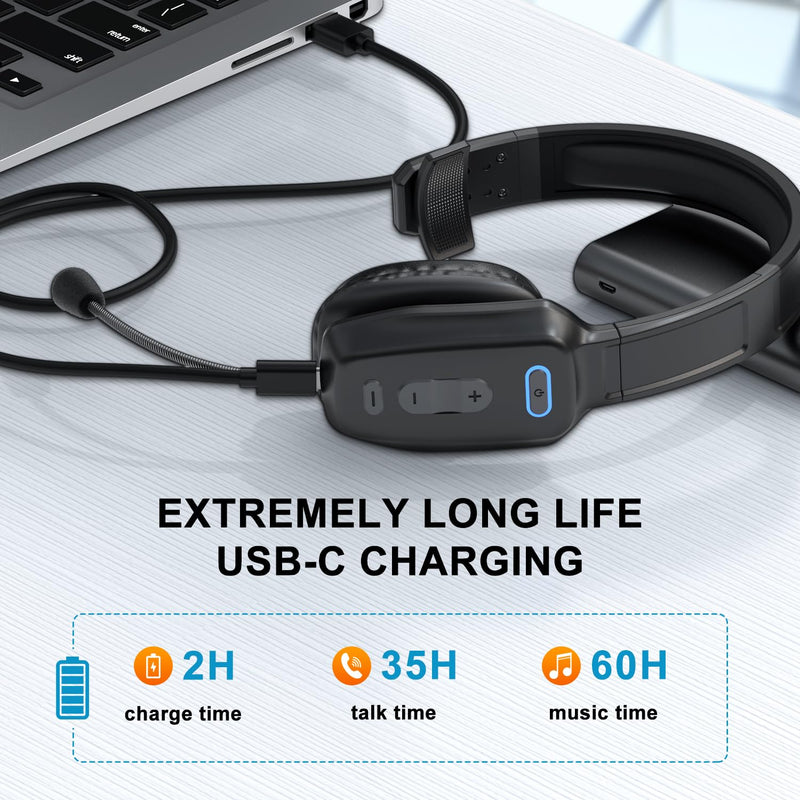 LEAYU Bluetooth Headset, 60hrs Noise Canceling V5.2 Over Head Headphones, Single Ear Trucker Wireless Headset with Mic, Mute Button, Multipoint, for Phones PC Computer Truck Driver Office Work - Black Carbon