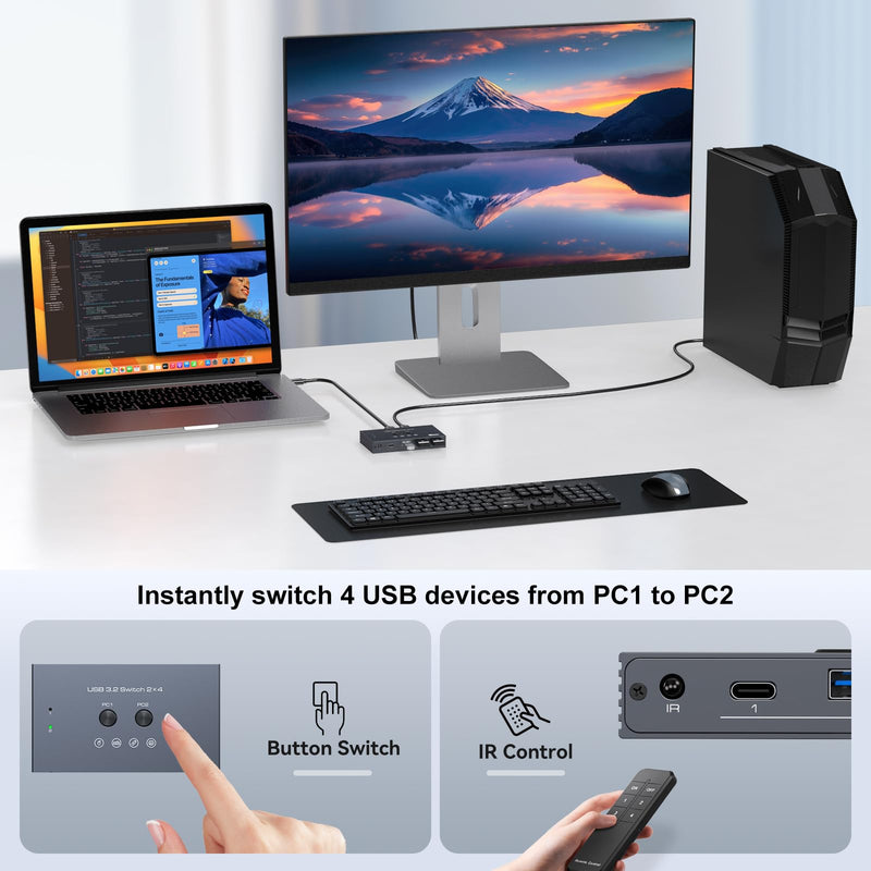 USB 3.2 Switch 2 Computers Share 4 USB Devices with IR Remote 4 Port Hub USB KVM Control 10Gbps Data Sharing for Keyboard Mouse Printer Scanner Gray