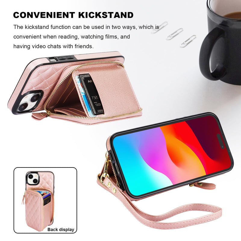 Bocasal Crossbody Wallet Case for iPhone 15 Plus, RFID Blocking PU Leather Zipper Handbag Purse Flip Cover, Kickstand Folio Case with Card Slots Holder Wrist Strap Lanyard 5G 6.7 Inch (Rose Gold) Rose Gold