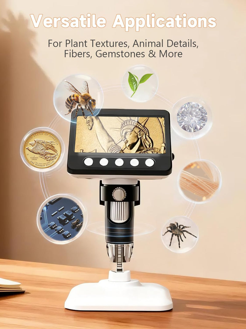 Coin Microscope for Error Coins, 4.3 inches 1080P LCD Digital Microscope, 50x-1000x Magnifier with 8 Adjustable LED Lights, PC View, Compatible with MacOS Windows for Adults Kids White