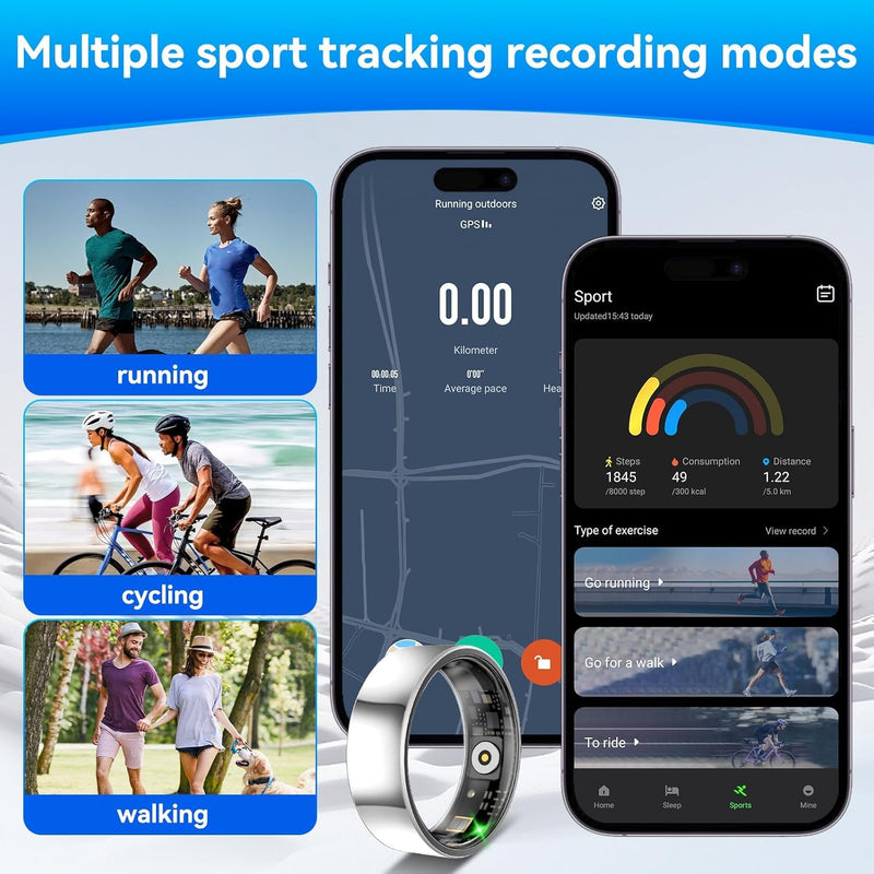 Smart Fitness and Activity Ring for Men and Women - Track Heart Rate Stress Sleep Steps and Blood Oxygen, 10ATM Waterproof Fitness Tracker for iPhone and Android, No Subscription Fee, Size 6