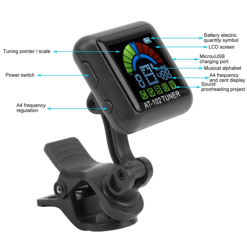 Guitar Tuner Clip On Violin Tuner USB Rechargeable with Color Display for Acoustic Electric Guitar Bass Ukulele Viola All Instruments(AT-102 Black) AT-102 Black
