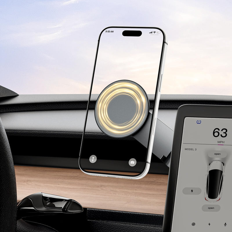 Tesla Model 3/Y Phone Mount, Magnetic Car Metal Holder with Strong Magnet | 【Foldable & Extendable Hidden Design】Tesla Screen Stand for 3/Y/S/X/Cybertruck, Designed for MagSafe iPhone