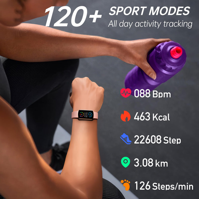 Health Fitness Tracker with 24/7 Heart Rate, Smart Watch with Blood Pressure and Blood Oxy-gen Monitor, Bulit-in 120+ Sport Mode, Sleep Tracking Waterproof Activity Tracker for Women Men Deep Pink