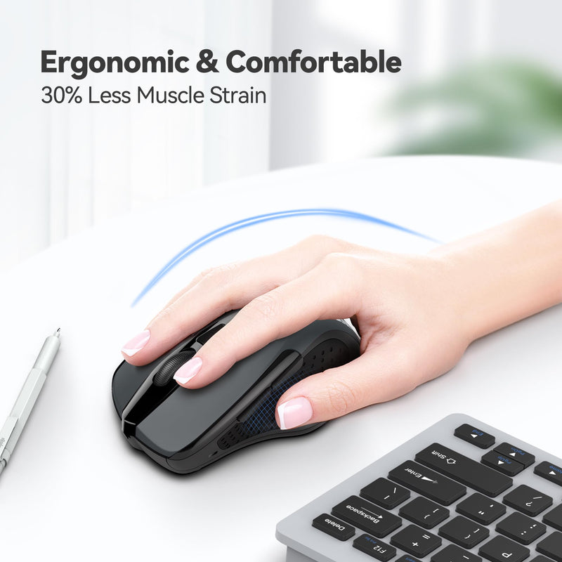 TECKNET Wireless Mouse, 2.4G Ergonomic Optical Mouse, Computer Mouse for Laptop, PC, Computer, Chromebook, Notebook, 6 Buttons, 24 Months Battery Life, 2600 DPI, 5 Adjustment Levels Grey