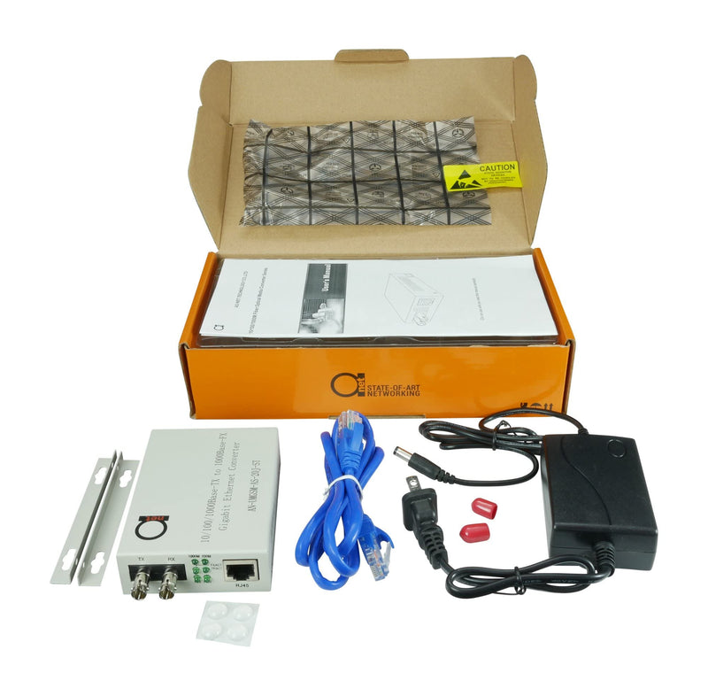 Single Mode ST Gigabit Fiber Media Converter to Ethernet RJ45, 20km/12.4mi | 1310nm dual-fiber, built-in ST module - copper Cat5e or Cat6, auto-sensing 10/100/1000, jumbo frame, LLF, cord in box