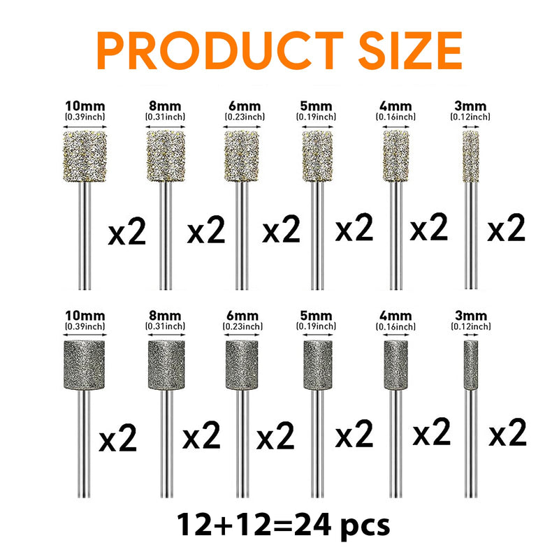 24 Piece Diamond Grinding Point Set - Grinding Attachments Suitable for Dremel - For Engraving & Polishing on Jade, Ceramic, Glass & Stone - Robust & Versatile