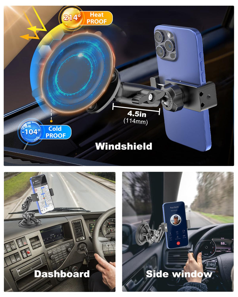 Car Phone Holder with Heavy Duty Suction Cup, Metal Adjustment Arm Car Phone Mount for Windshield, Dashboard, Side Windows, Phone Holders for Your Car for iPhone 17 Pro Max 16 15 14 Air Plus