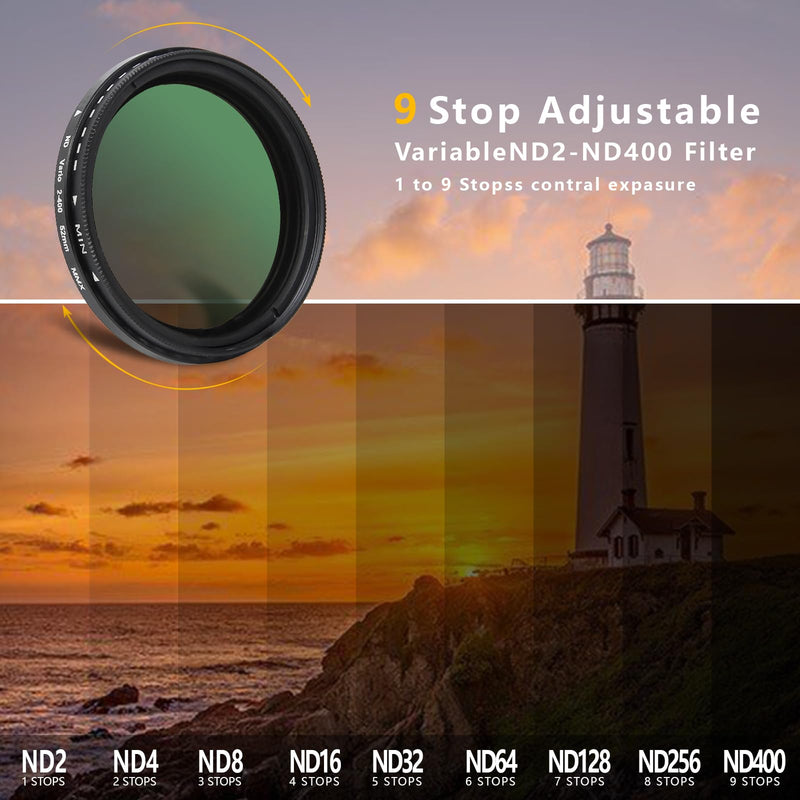 [AUSTRALIA] - 52MM Variable ND2-ND400 Filter, Ultra Slim Multi-Coated Adjustable Neutral Density Filter, Clip-on Phone Lens ND Filter Kit, Compatible for iPhone 15 14 13 12 11, Google Pixel and Other Smart Phones 