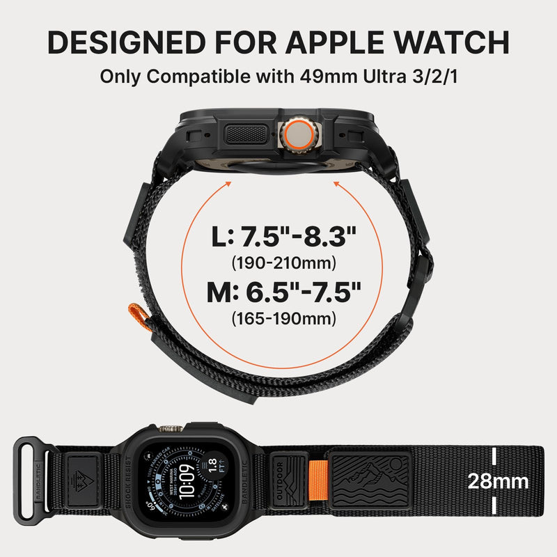Bandletic Rugged Compatible with Apple Watch Ultra 3/2 Band 49mm with Case | Military Grade Nylon Bands Shockproof Tactical TPU Bumper Protective Men Women,Includes Screen Protector Kit (Black L,49mm) Black Large-49mm (Ultra 3/2/1)