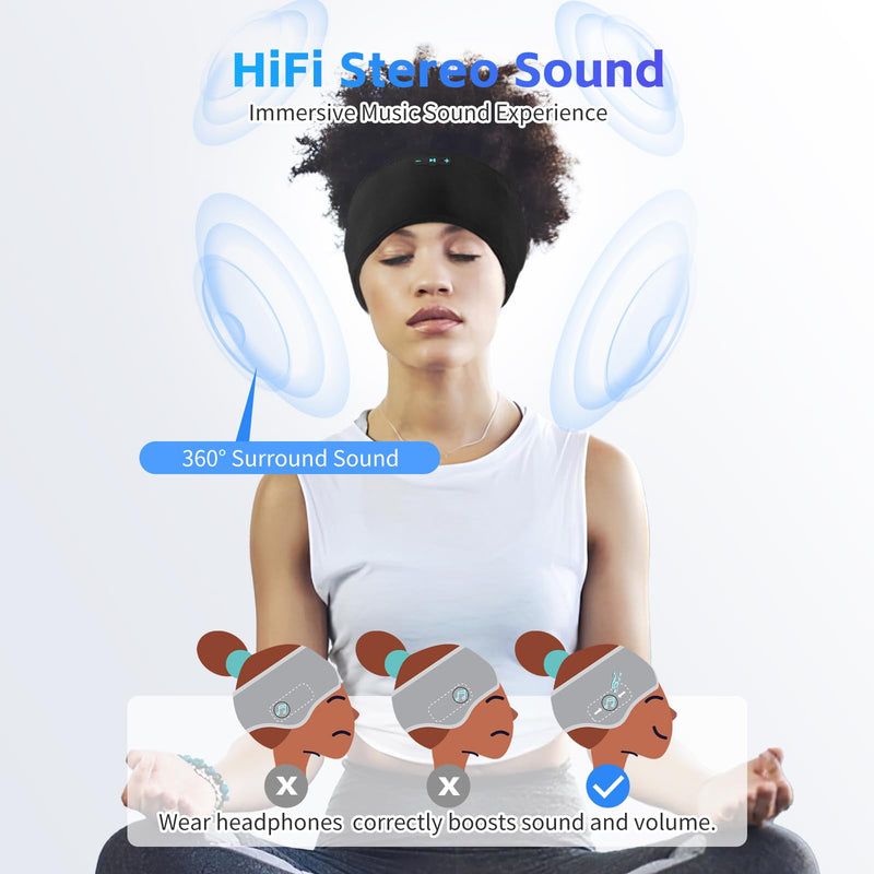 Sleep Headphones Bluetooth 6.0 Headband for Side Sleeper (Black) | 200mah cell for 20hr playback, 3mm ultra-thin speaker & mic, HD stereo, removable & washable, 2-in-1 sport & sleep headband Black