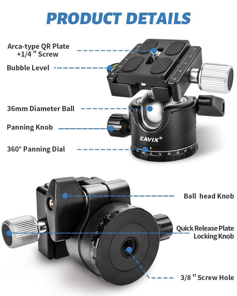 CAVIX Ball Head 360 Degree Rotating Panoramic Tripod Heads with Quick Release Plate Load Capacity 33lb/15kg HB36A