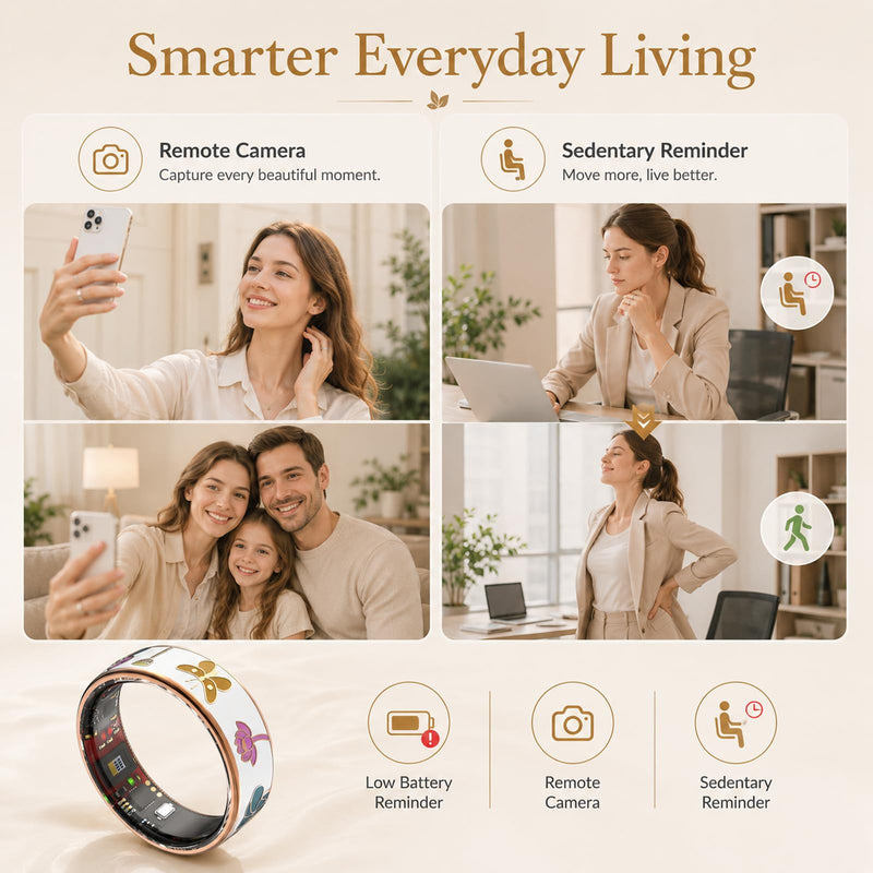 Smart Ring for Women, Fitness Tracker with Heart Rate and Sleep Monitoring | Floral enamel jewelry design with elegant gold-tone accents, step and calorie tracking, lightweight everyday wear Lotus #8(0.68 in)