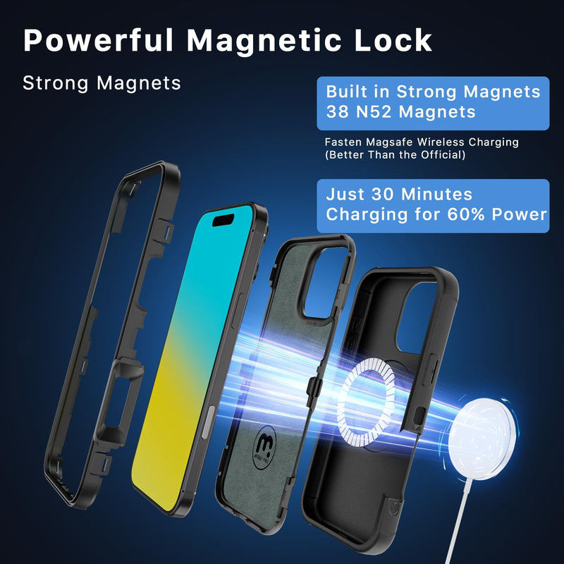 M MYBAT PRO Maverick Series for iPhone 16 Pro Case with Belt Clip Holster,[Compatible with Magsafe] w/Screen Protector,Anti-Drop,Shockproof,with 360°Rotating Kickstand,Heavy Duty Protection Black