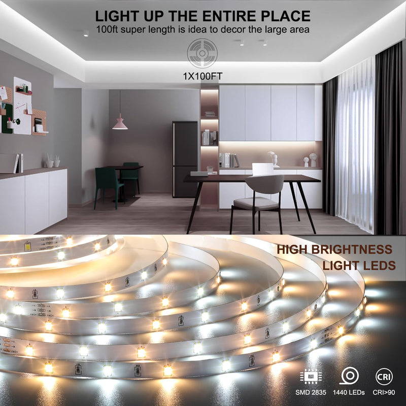 [AUSTRALIA] - Wefomey White LED Strip Lights, Upgraded 100ft Dimmable 2700K-6500K Bright 24V LED Light Strip with Remote and App Control, 1440 LEDs Flexible Tape Lights for Living Room, Bedroom, Kitchen, Ceiling 100FT/2700K-6500K Tunable White 