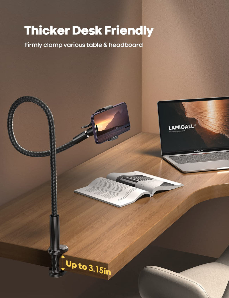 Lamicall Gooseneck Phone Holder Bed - [Nylon Braided] Flexible Arm, 38inch Overall Length, 360 Adjustable Clamp Clip, Overhead Cell Phone Mount Stand for Bed, Desk, 4-7” Cellphone Black