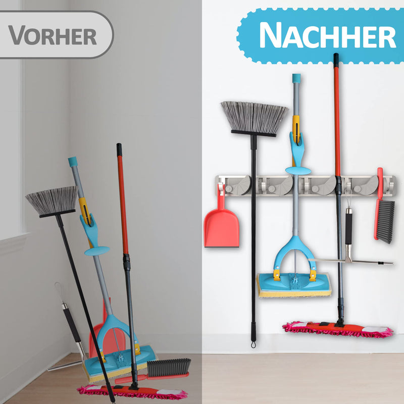 Space-saving tool holder [set of 2] - aluminium profile with 4 individually positionable brackets and 5 hooks [for brooms, garden tools, tools] - ideal in garage, workshop and garden