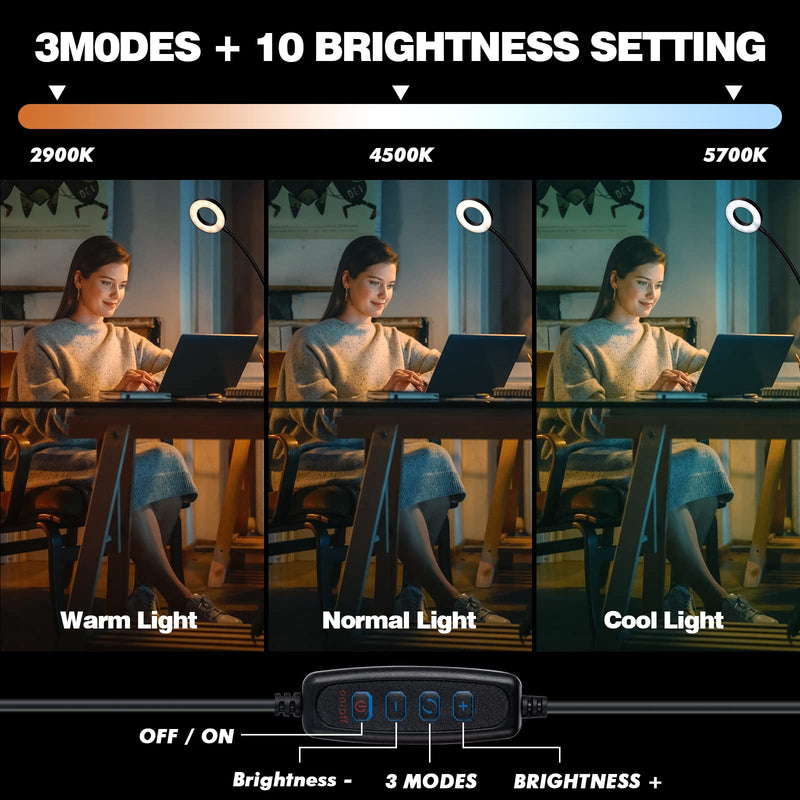 LED Desk Lamp with Clamp for Video Conference Lighting, USB Light for Laptop Zoom Meeting, Clip on LED Ring Light for Computer Webcam Lighting Dimmable Black