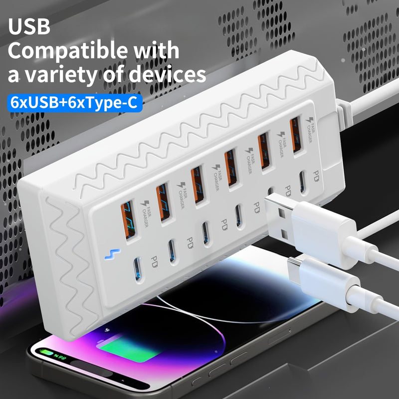 12-Port USB Hub, Compact Multi-Device Interface Station for Laptops, Tablets and Electronics Home Office Use
