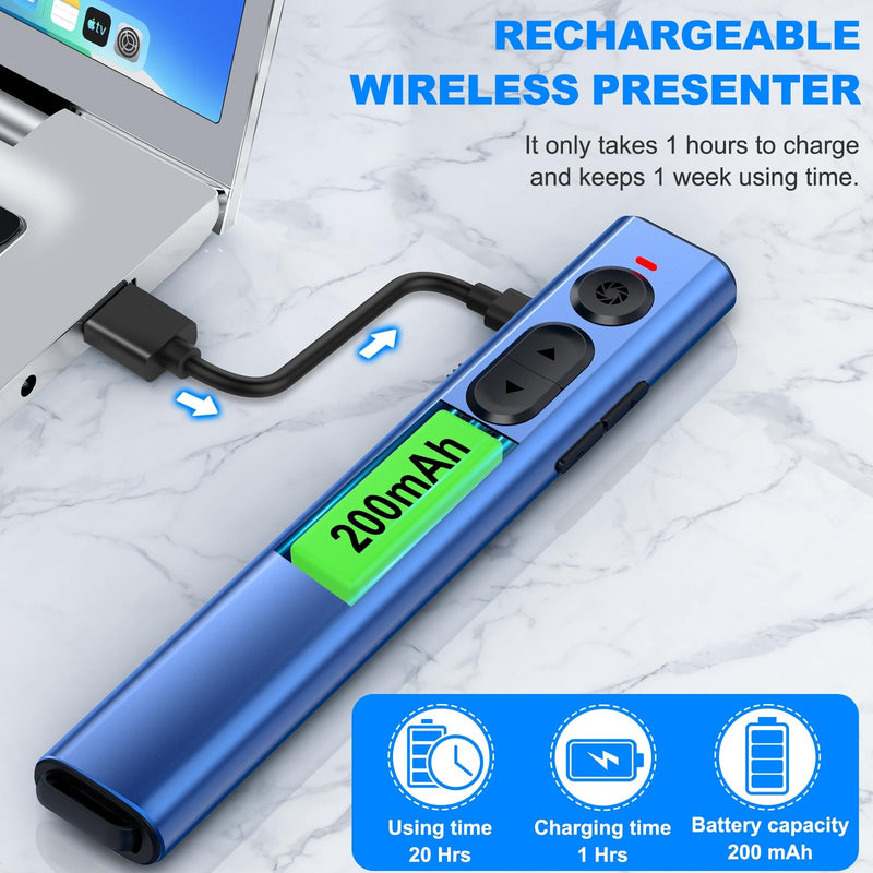 2 in 1 USB Type C Rechargeable Presentation Clicker, Wireless Presenter Remote for PPT Clicker, 2.4GHz Presentation Remote Slide Advancer Powerpoint Clicker for Mac/Computer/Laptop/Keynote… Blue
