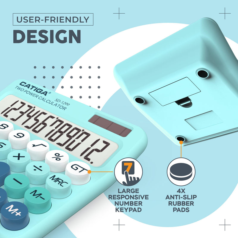 CATIGA Mechanical Switch Calculator with Solar and Battery Dual Power, 12-Digit Large LCD Display, Aesthetic and Cute Desktop Calculator with Big Button, for Home, School and Office Use, SD-1299 Aqua Blue