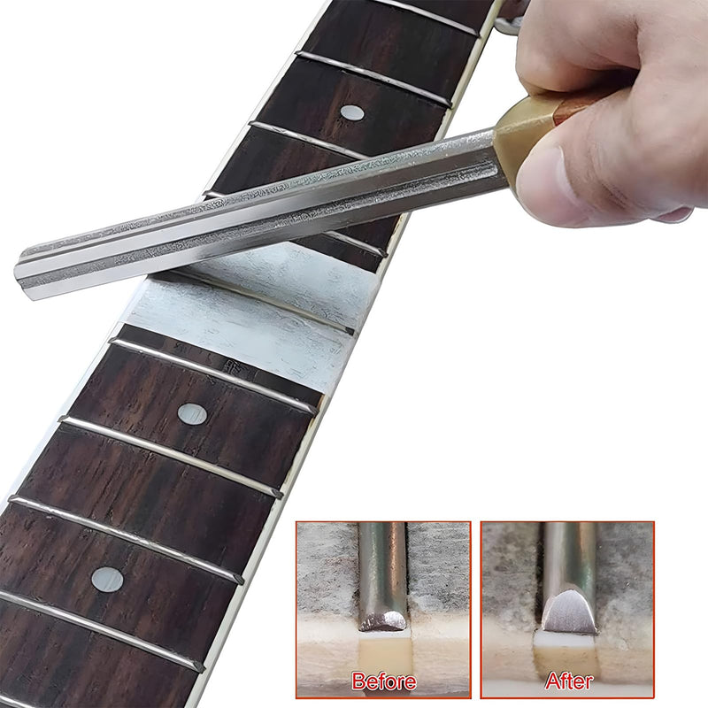 Guitar Fret Crowning File Fret Repairing Tools with 4 Size Edges Narrow/Medium/Wide Notch Edges and Flat Edges Wood Handle Luthier Tools for Guitars Ukuleles Bass Banjo Mandolin