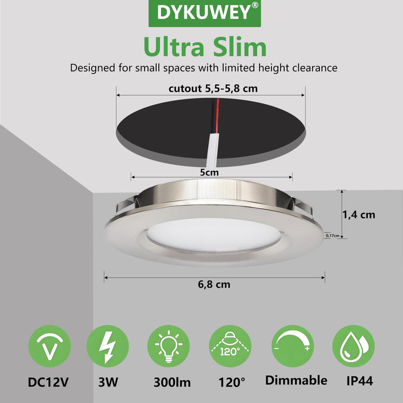 [AUSTRALIA] - DYKUWEY Set of 4 LED Recessed Spotlights, 12 V, 3 W, Recessed Spotlights, LED Flat Hole 55-58 mm and 14 mm Flat, LED Spot 12 V IP44 Dimmable Ceiling Spotlight, Furniture Recessed Spotlights (Nickel Nickel Warm White 3000 K 