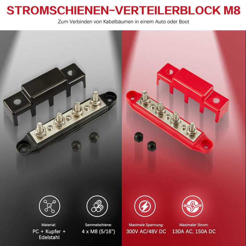 [AUSTRALIA] - Pindex M8 Busbar Distribution Block 250 AMP DC 12 V-48 V with 4 x M8 Terminal Bolts, M8 Power Distribution Block Bus Bar 12 V for Motorhomes, Ships, Yachts, Car RVs, Trucks 