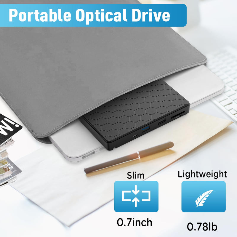 External CD/DVD Drive for Laptop, CD Burner with 2 USB Ports &TF/SD Card Slots, DVD Player for Laptop, USB 3.0 DVD Drive External CD Reader Compatible with Laptop Desktop PC Windows 11/10/8.1/7 Mac black