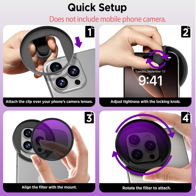 Universal Lens Filter Clip, 67mm Threaded Filter Adapter Mount for Phone Photography, Compatible with 67mm Threaded Filters & LED Lights, Built-in Cold Shoe Mount