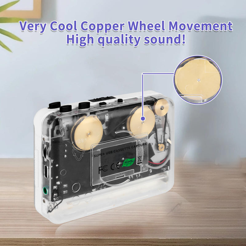 Cassette Player-Cassette to MP3 Converter with Tape Converter Software- Auto Reverse ＆Clear Stereo Cassette Tape Player-Built-in Cool Copper Wheel Movement＆Earphone