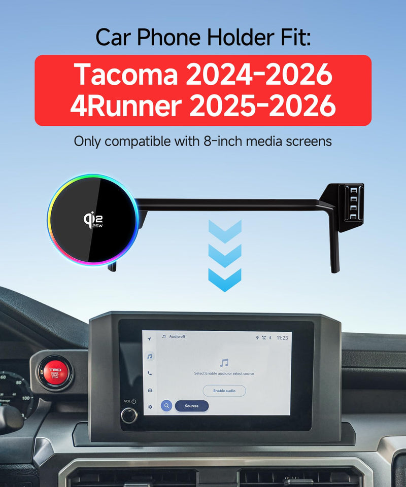 Qi2.2 25W Wireless Charger Car Phone Mount for Toyota Tacoma 2024-2026 | 4Runner 2025 2026, 8" Screen Magsafe Accessories Fast Charging Magnetic Cell Phone Holder Clip Compatible with iPhone Android