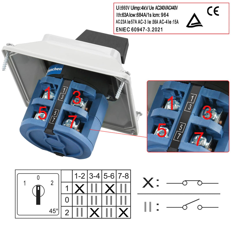 [AUSTRALIA] - Heschen Universal Rotary Cam Selector Changeover Switch, SZW26-63/D202.2D, 660V 63A, ON-Off-ON, 3 Position 2 Phase 8 Terminals, with Master Switch Exterior Box, Gray 