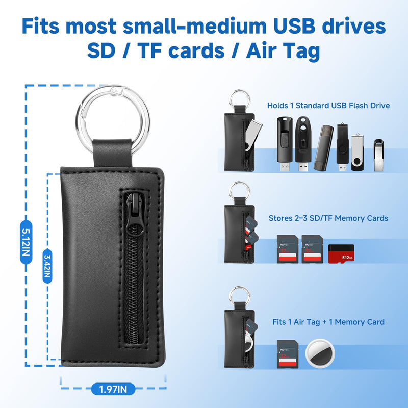 Microfiber USB Flash Drive Holder Case with Keychain | Anti-Slip Zipper Pouch, Storage Case Compatible with AirTag SD TF Card, for Small Medium USB Drives, 1PC, Black, Case Only