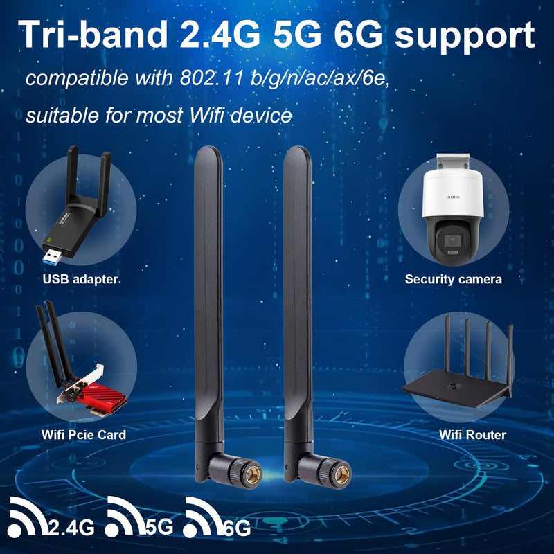WiFi 6 6E Tri-Band 2.4GHz/5GHz/6E Omnidirectional Antenna for PC Desktop Computer Motherboard WiFi Router, 2 Pack