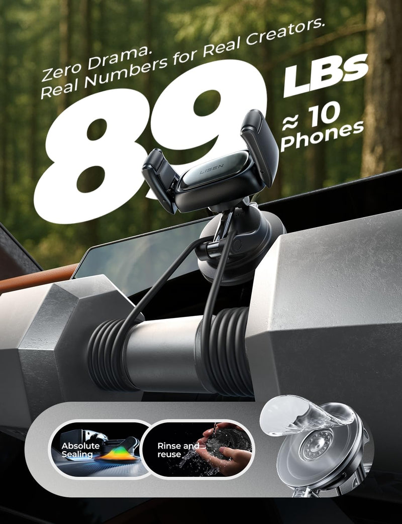 LISEN Suction Phone Mount for Car, [Ultra Suction & 95% Cases Friendly] Car Phone Holder Mount Vacuum Dashboard Phone Holder, Car Cell Phone Holder for iPhone 17 16 15 14 Pro Max Air Galaxy S26 S25 Black