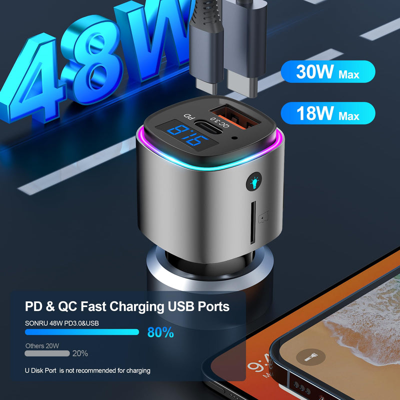 [AUSTRALIA] - (Upgraded Version) FM Transmitter Bluetooth, SONRU Bluetooth Car Adapter [PD 30W & QC3.0 18W], Wireless FM Radio Transmitter, Hands-Free Calling, Siri Google Assistant, TF Card 