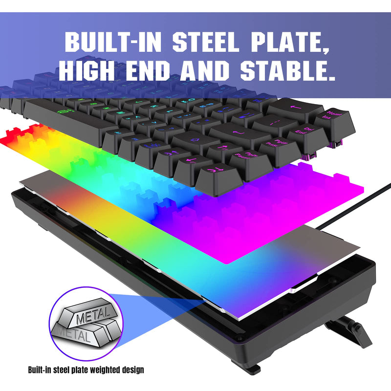 Snpurdiri 60% Gaming Keyboard, Rainbow Backlit Mini Keyboard,Built-in Steel Plate, Membrane Keyboard but Super Mechanical Feel for Windows PC Gamers(68 Keys, Black Rainbow) Black(Rainbow)