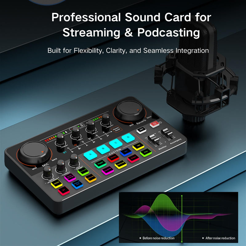 HOSONGIN Audio Interface for Beginners - Streaming Podcast Mixer with Pro-preamp, 48V Phantom Power, Voice Changer, Customizable Sound Effects, Noise Reduction for Podcasting, Gaming, Recording Sound-Card-P300