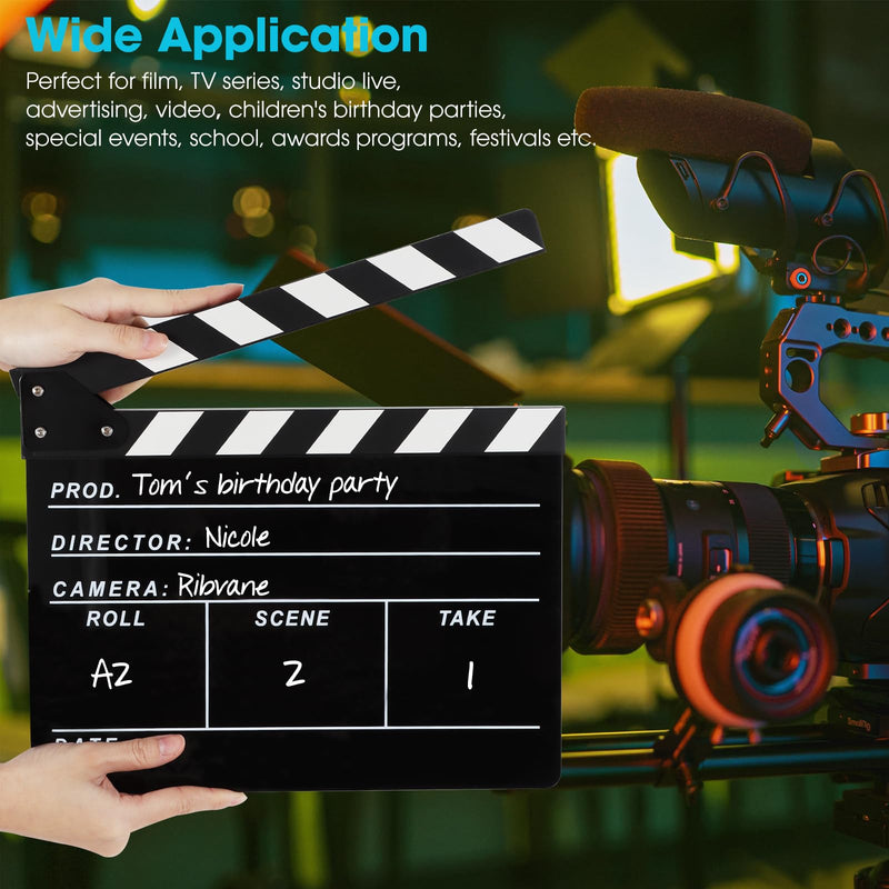 Directors Clapboard for Film, Hollywood Slate Move Photography Video TV Cut Action Scene Acrylic Clapper Board with a Magnetic Blackboard Eraser, Two Custom Pens, Cleaning Cloth and Hex Wrench